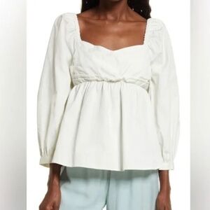 Open Edit White Puff Long Sleeve Babydoll Top
